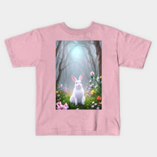 Fluffy white bunny rabbit in the woods with wildflowers Kids T-Shirt